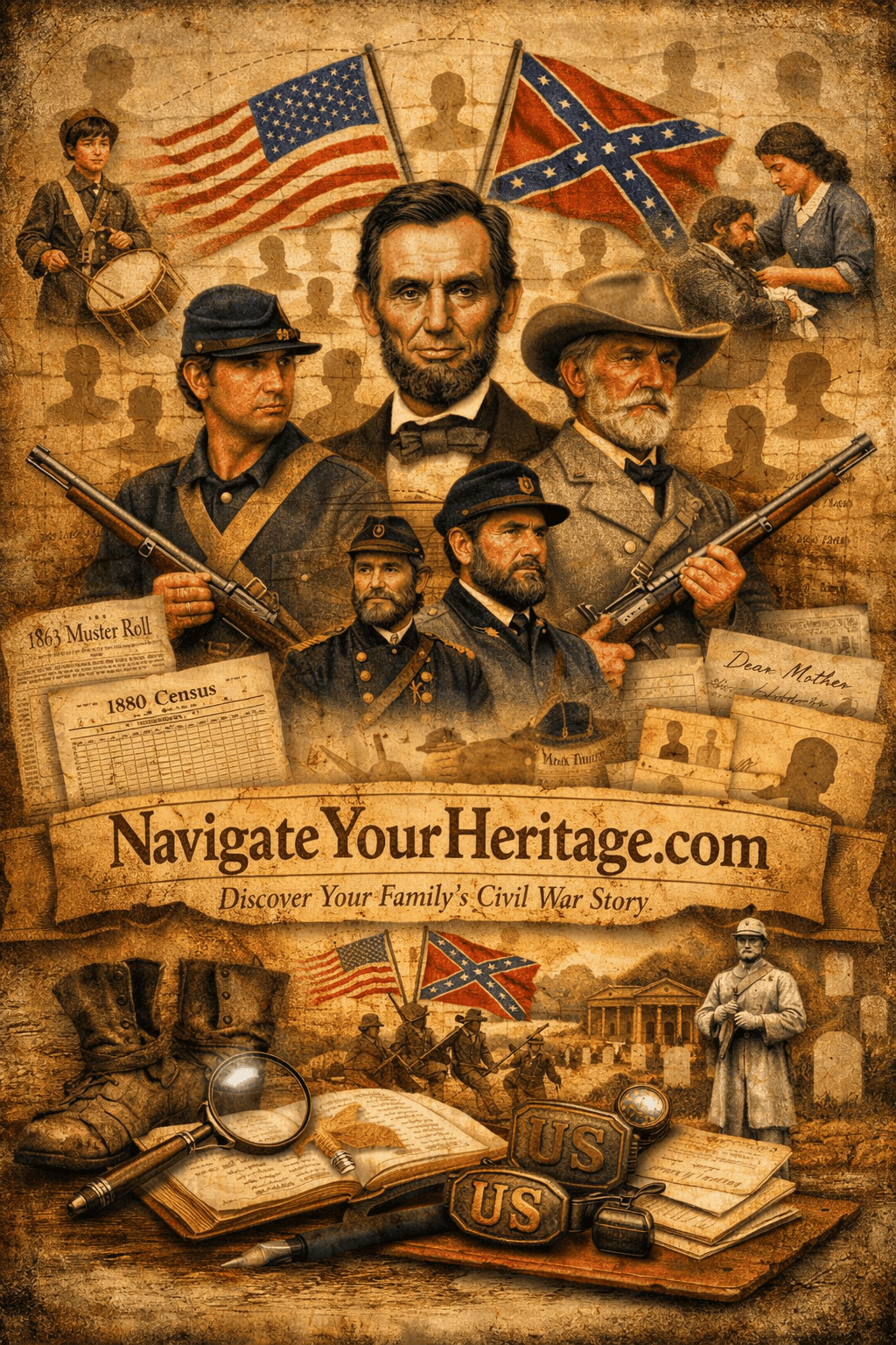 shows civil war imagery for an ad for navigateyourheritage.com for civil war ancestors
