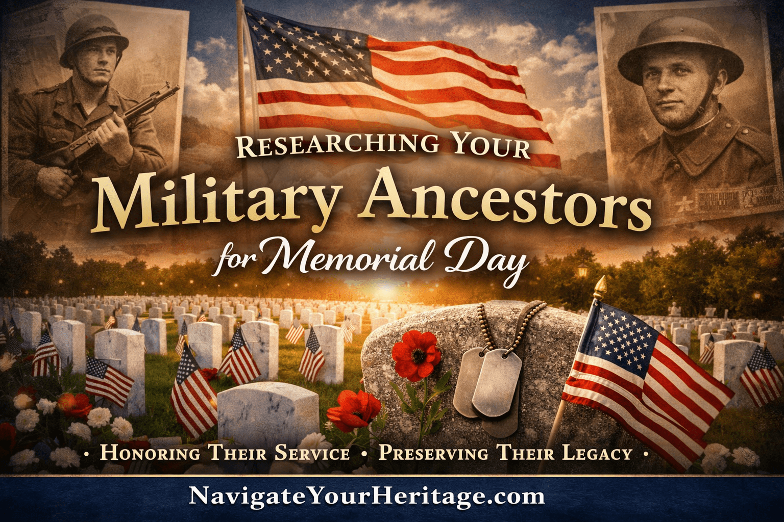 Memorial Day genealogy banner featuring vintage military photos, an American flag at sunset, and a military cemetery with flags, branded with NavigateYourHeritage.com.