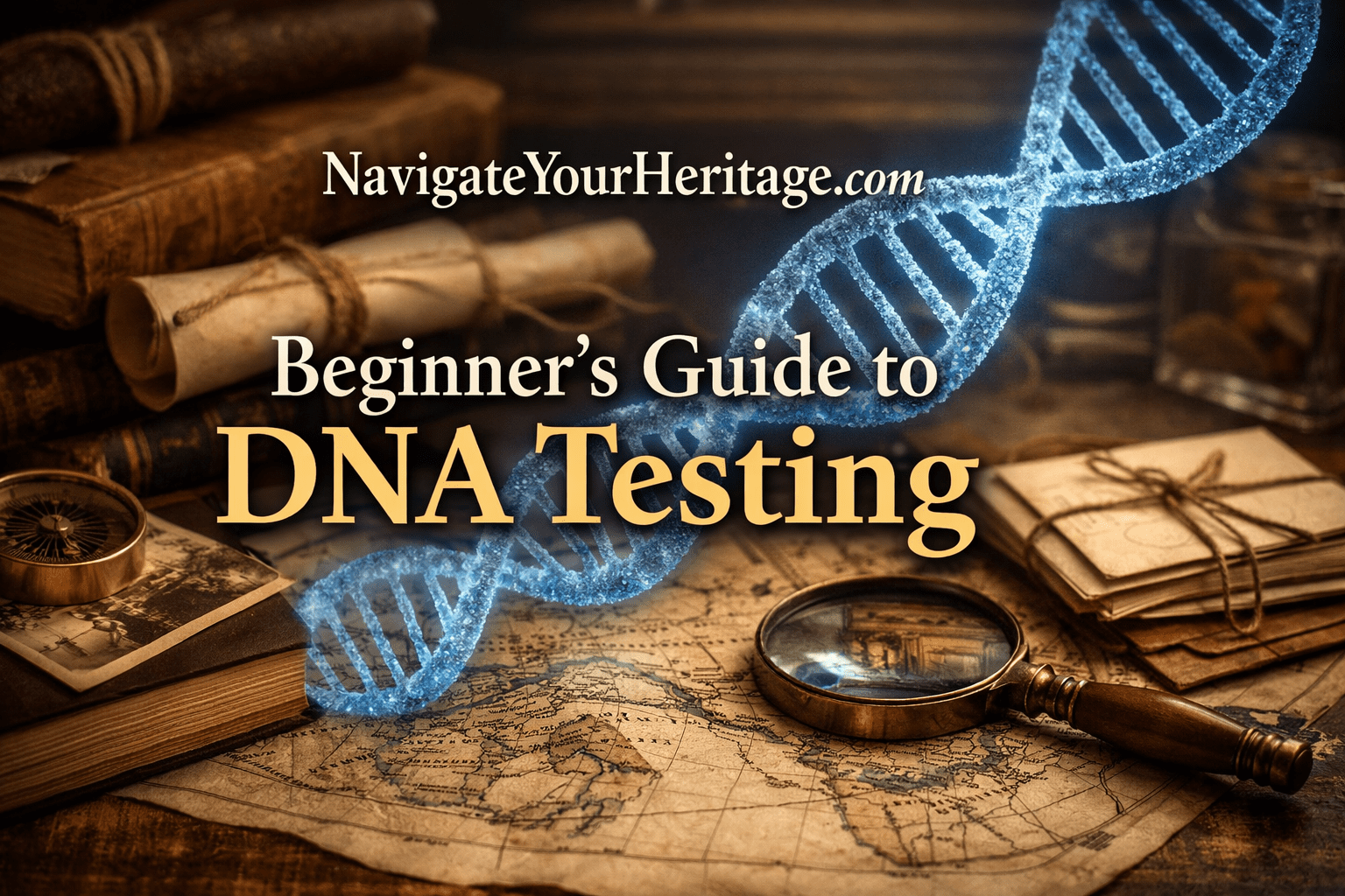 “Featured image for Beginner’s Guide to DNA Testing on NavigateYourHeritage.com showing antique genealogy tools and a glowing DNA helix.