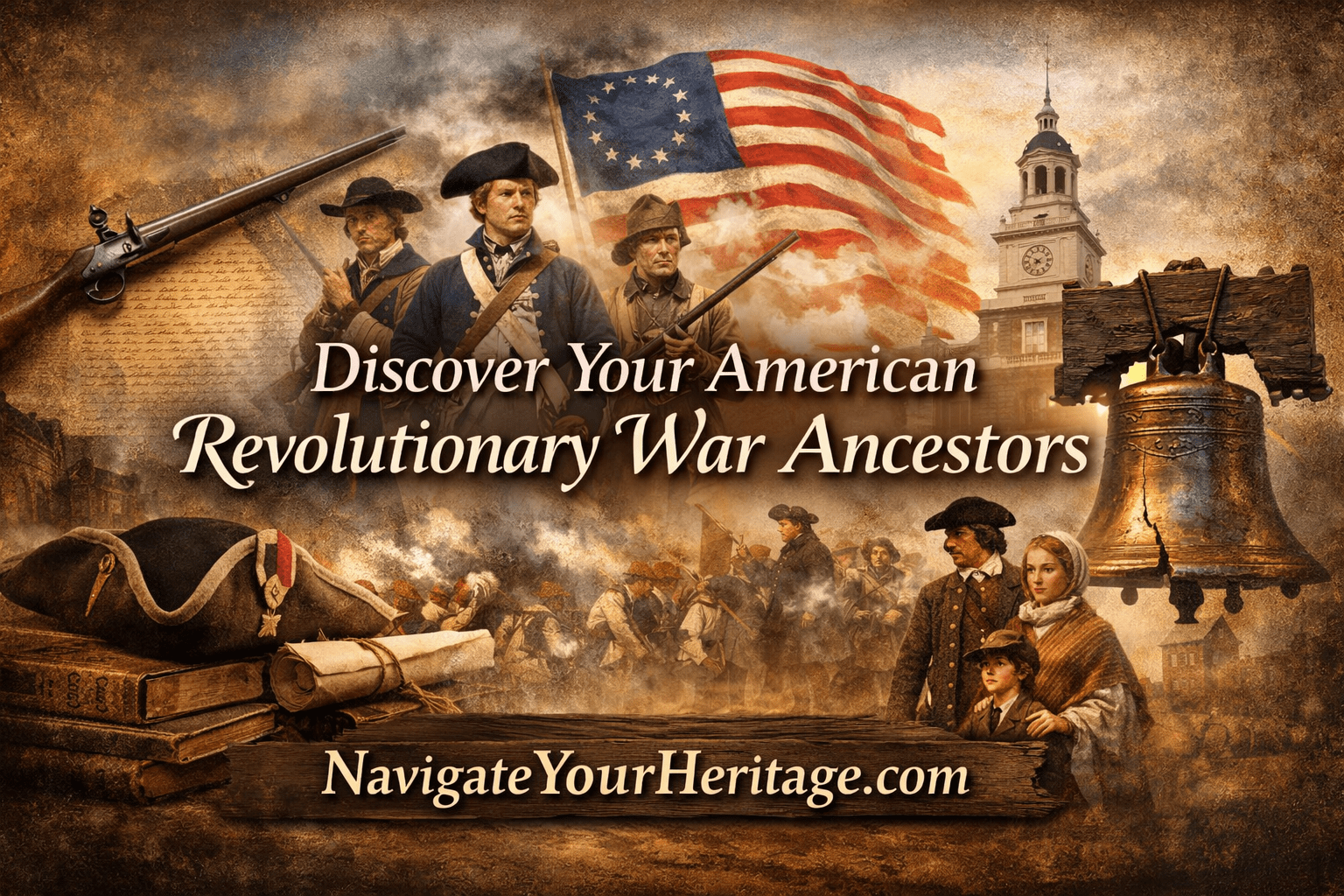 American Revolutionary War heritage banner showing Continental soldiers, Liberty Bell, and Independence Hall with NavigateYourHeritage.com label.