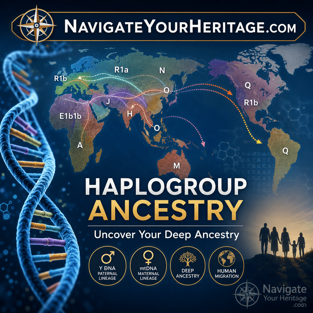World haplogroup map with DNA strands and NavigateYourHeritage.com watermark representing global ancestry connections