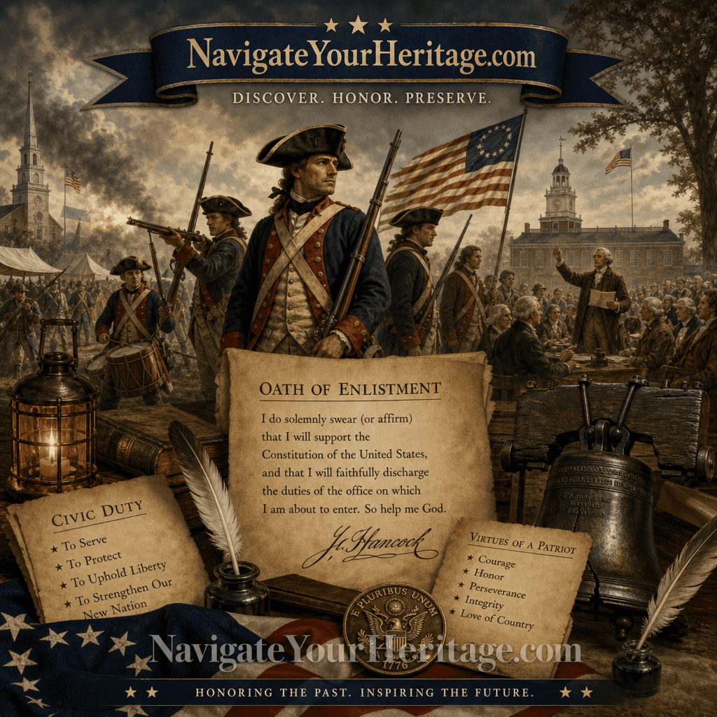 Continental soldiers and civic leaders during the American Revolution with oath parchments and flags under the NavigateYourHeritage.com banner.